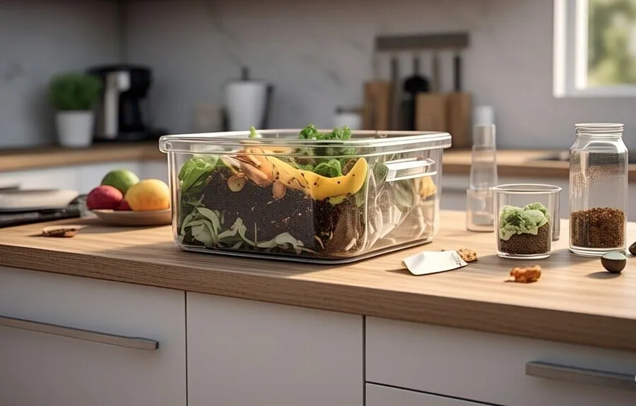 A countertop compost bin with scraps- Zero-waste hacks
