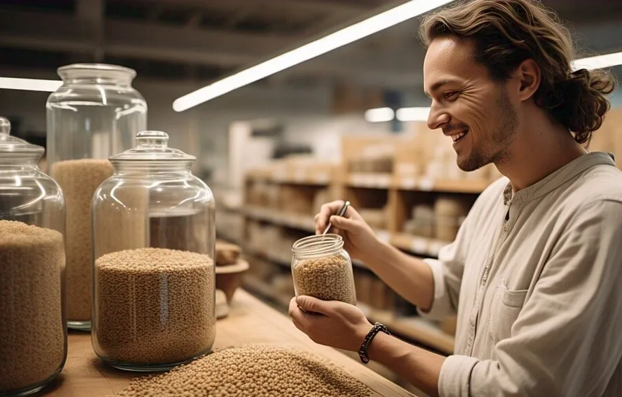 A person filling a glass jar with grains
