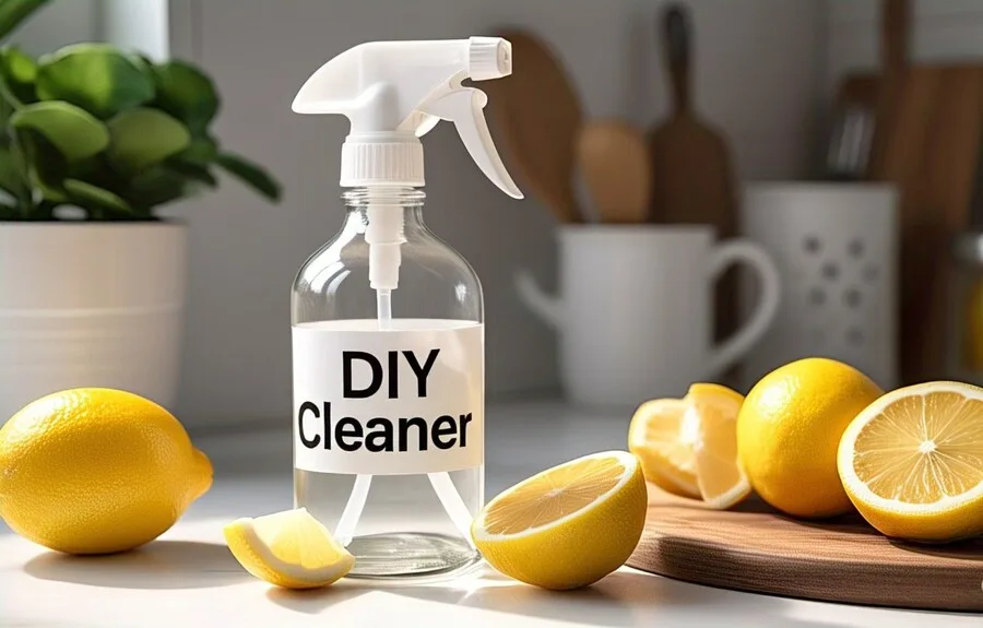Glass spray bottle with DIY cleaner and lemons