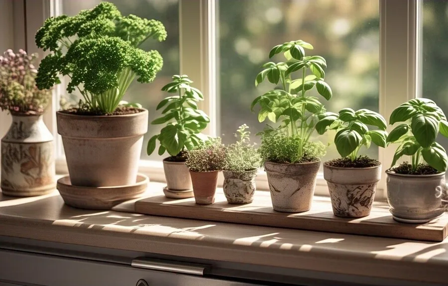 Potted herbs on a windowsill