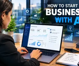 Founder using AI tools on a laptop to plan how to start a business with AI