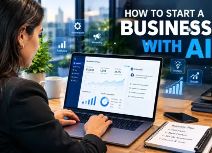 Founder using AI tools on a laptop to plan how to start a business with AI