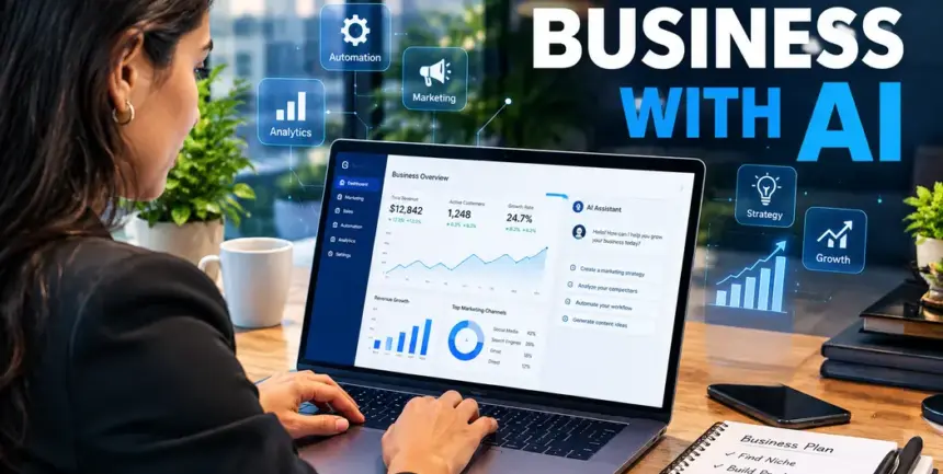 Founder using AI tools on a laptop to plan how to start a business with AI