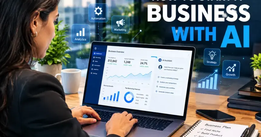 Founder using AI tools on a laptop to plan how to start a business with AI